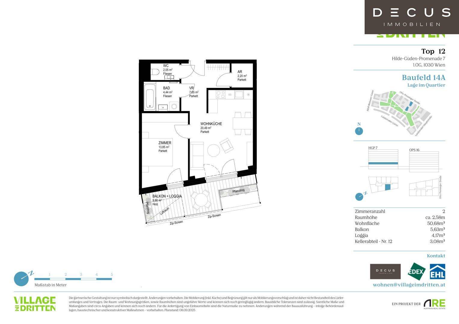 Grundriss einer Wohnung mit Balkon und Loggia, einem Schlafzimmer und offenem Wohnbereich.
