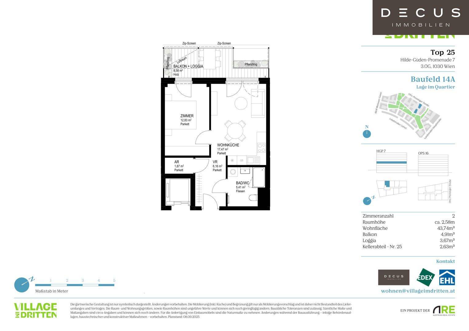 Detaillierter Grundriss einer Wohnung mit Balkon und Loggia, inklusive Raumaufteilung.
