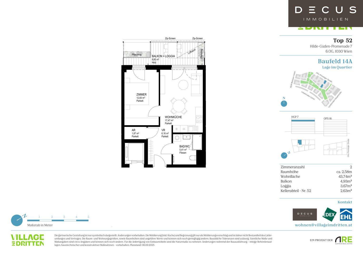 Grundriss einer Wohnung mit Balkon und Loggia, zeigt die Raumaufteilung und Flächen.