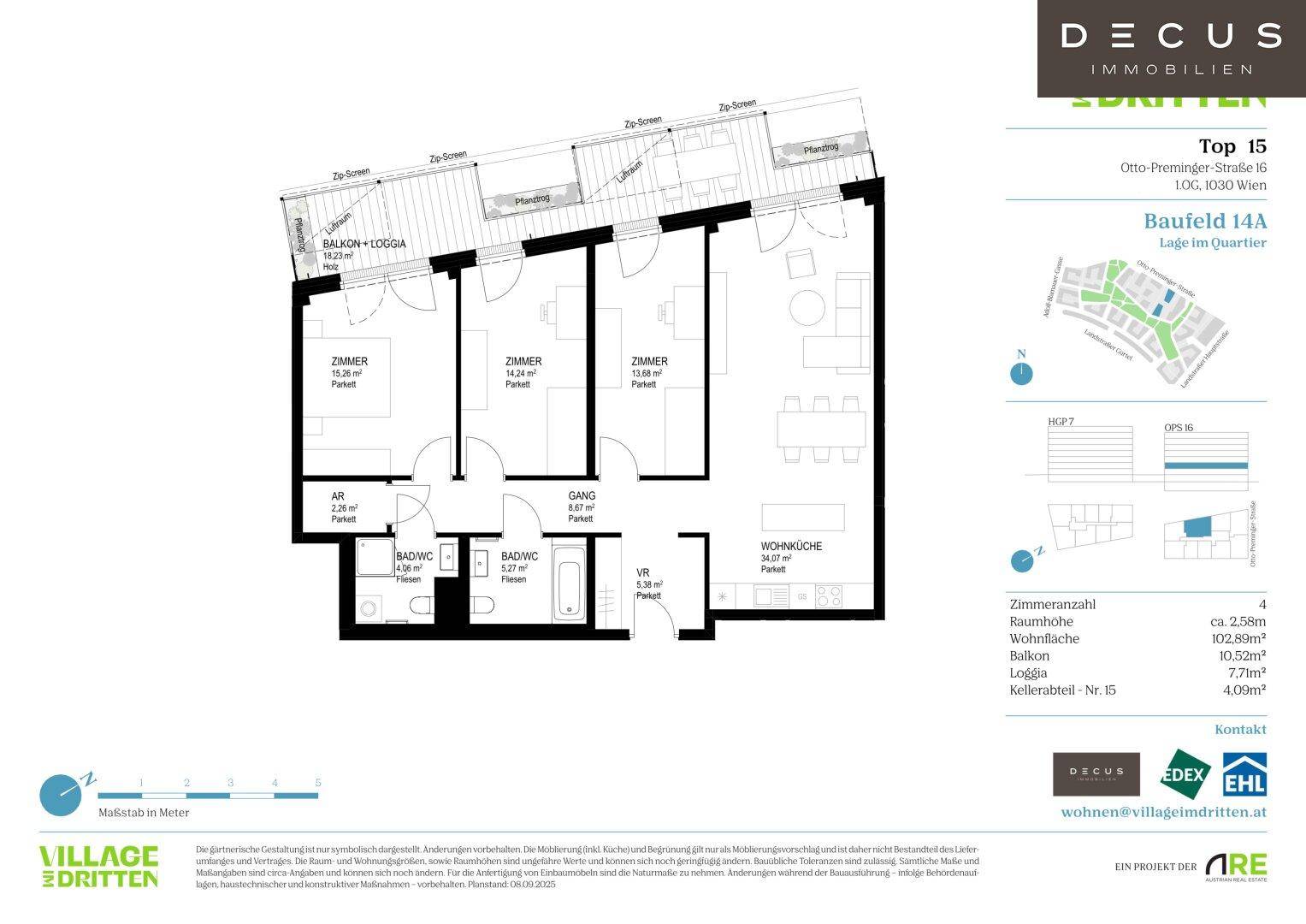 Grundriss der Wohnung Top 14A mit drei Zimmern, zwei Bädern und einem Balkon/Loggia.