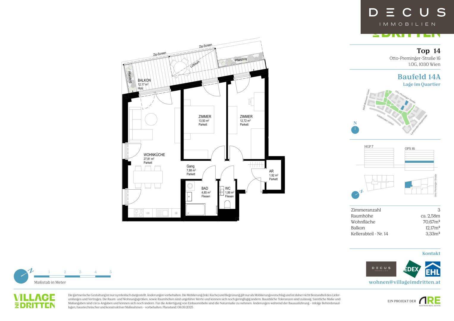 Detaillierter Grundriss der Wohnung Top 14 mit drei Zimmern und Balkon.