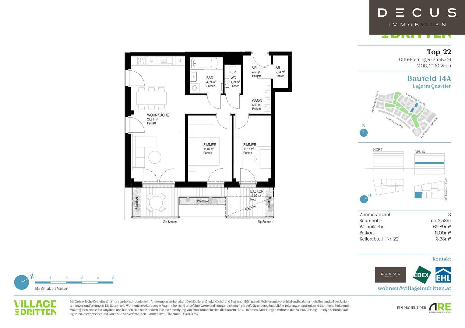 Detaillierter Grundriss einer Wohnung mit drei Zimmern, Bad, WC und Balkon.