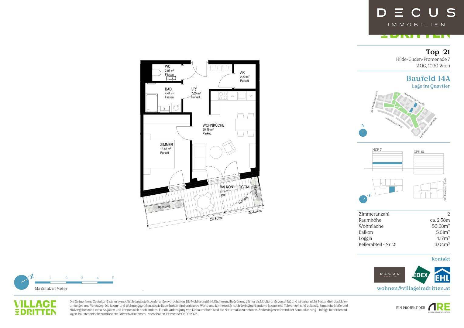 Grundriss einer 2-Zimmer-Wohnung mit Balkon/Loggia und separatem WC.