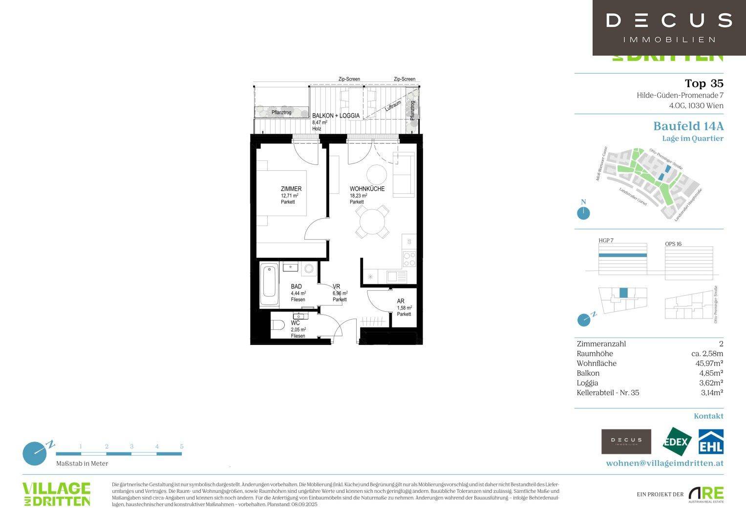 Detaillierter Grundriss einer Wohnung mit Balkon und Loggia, inklusive Raumaufteilung und Flächenangaben.