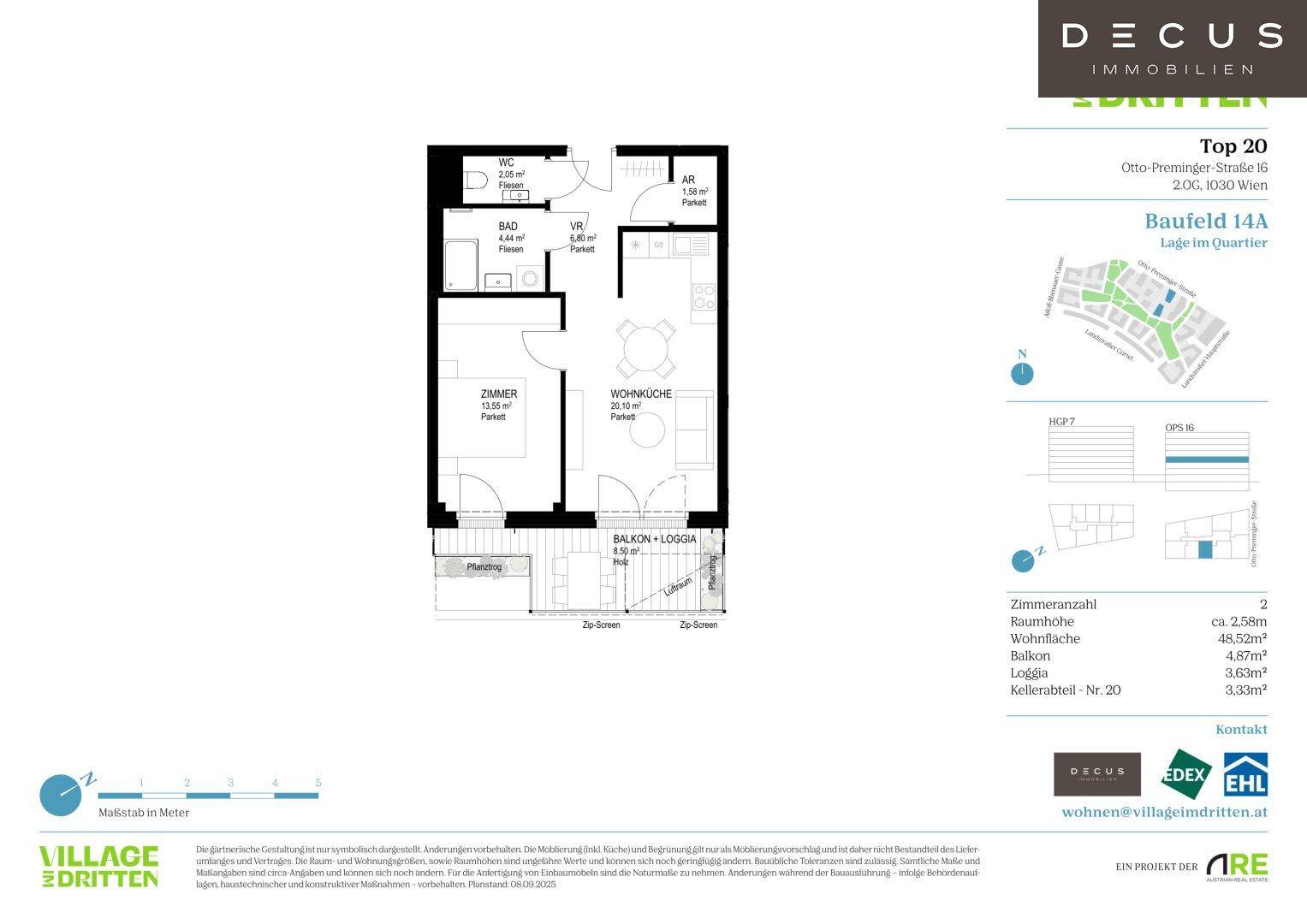 Detaillierter Grundriss einer Wohnung mit Balkon/Loggia und separatem WC.