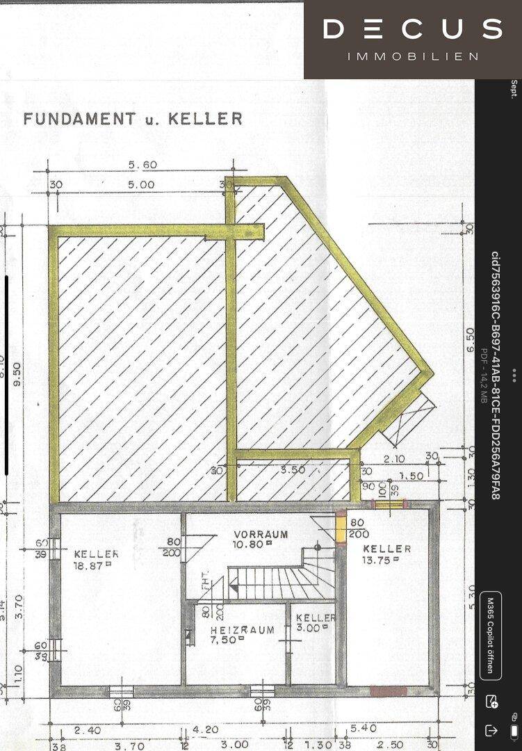 Grundriss des Kellers mit Heizraum, Vorratsraum und weiteren Kellerräumen.