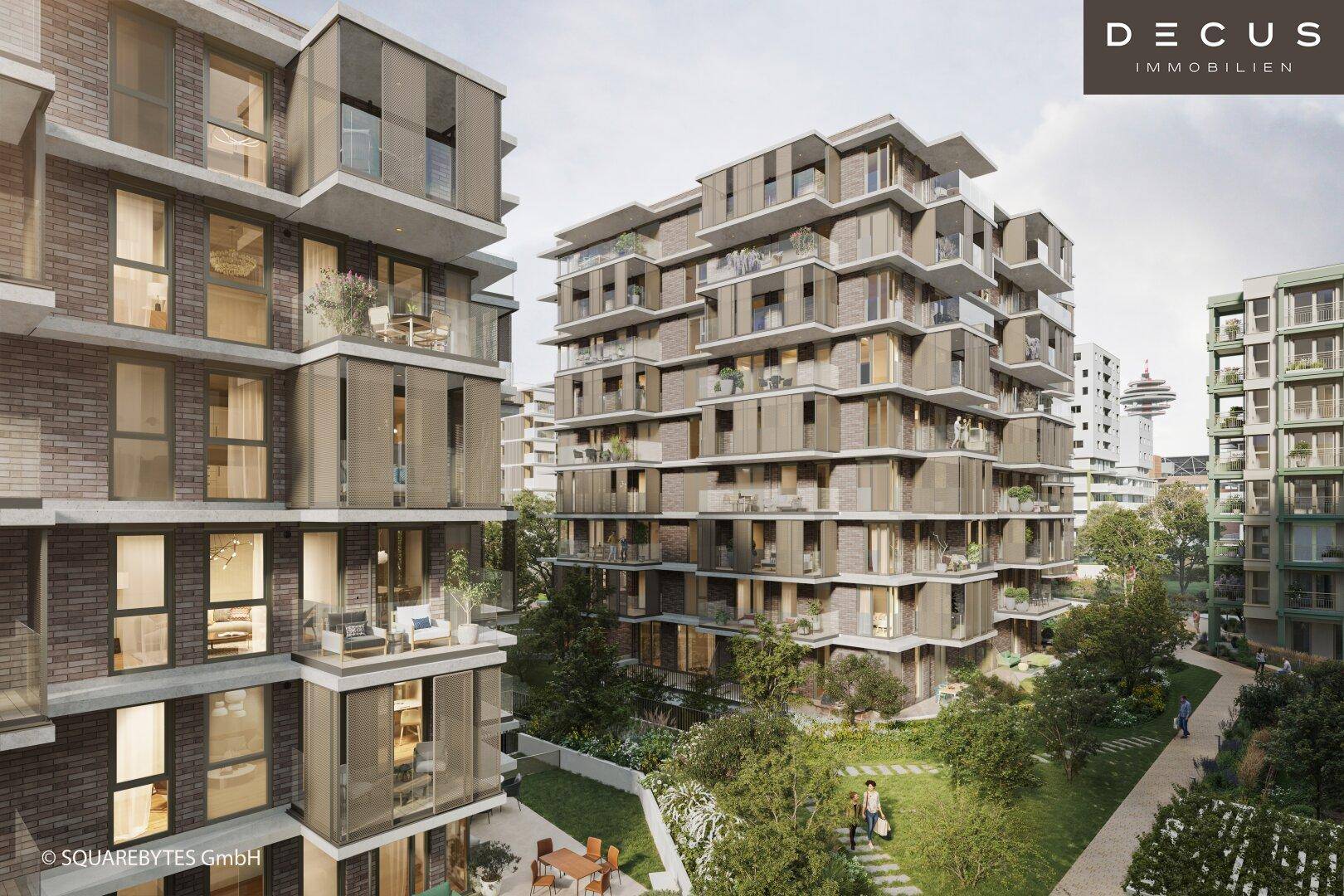 Visualisierung eines modernen Wohnkomplexes mit mehreren Gebäuden und einer begrünten Außenanlage.