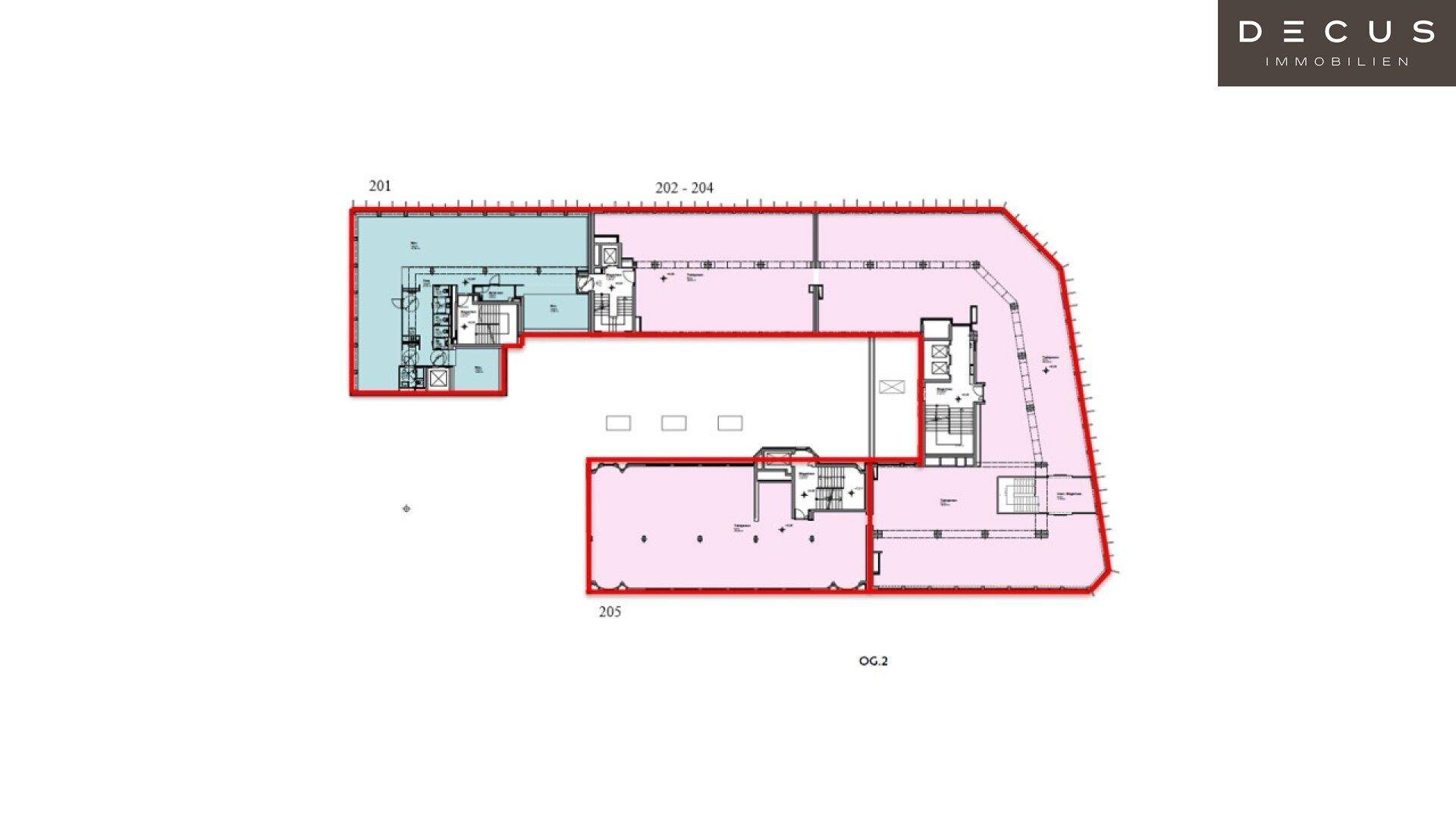 Detaillierter Grundriss eines Gebäudegeschosses mit verschiedenen Bereichen und Raumaufteilungen.