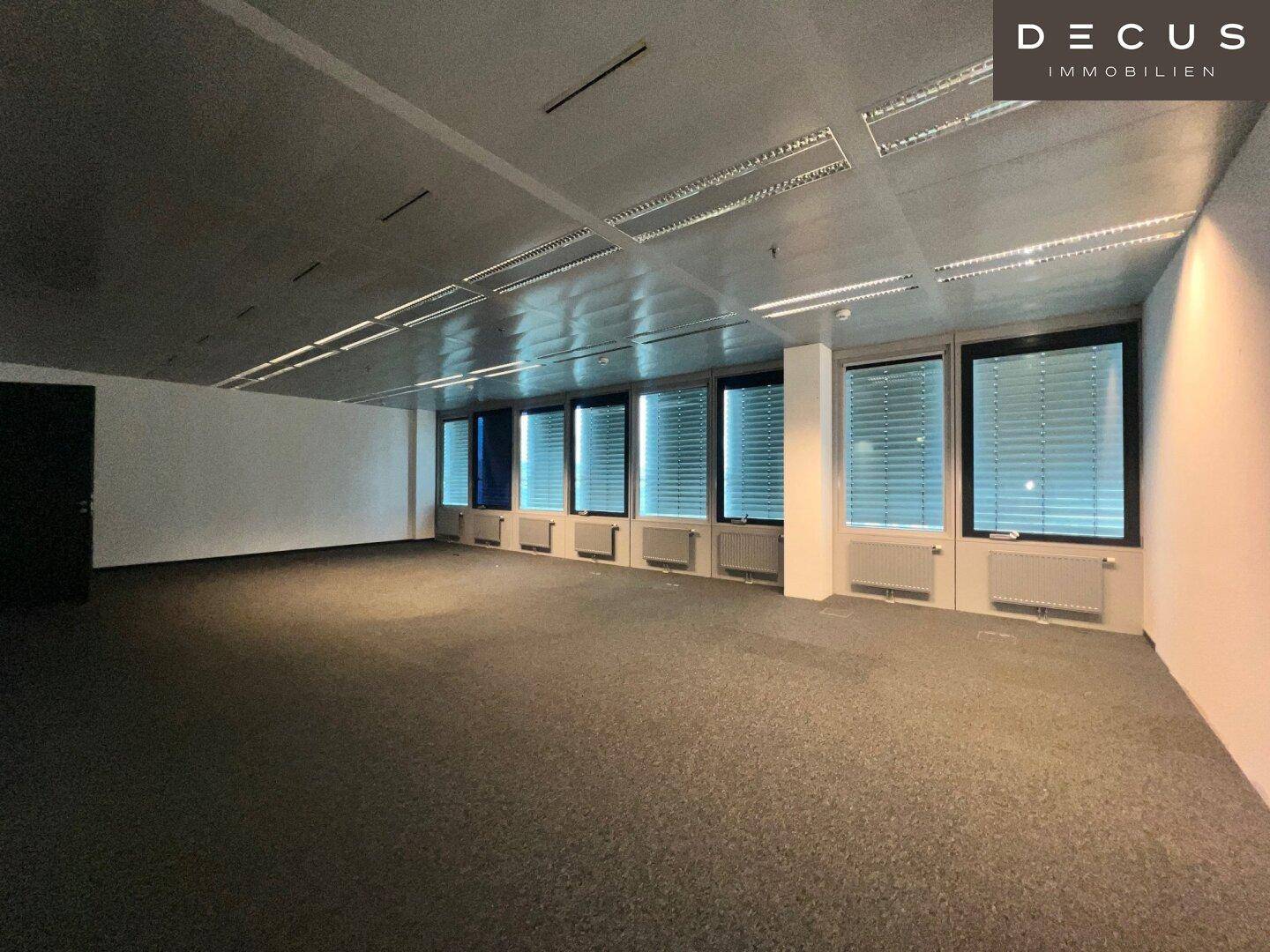 Geräumiger Büroraum mit Teppichboden, vielen Fenstern und Deckenbeleuchtung, bereit zur Einrichtung.