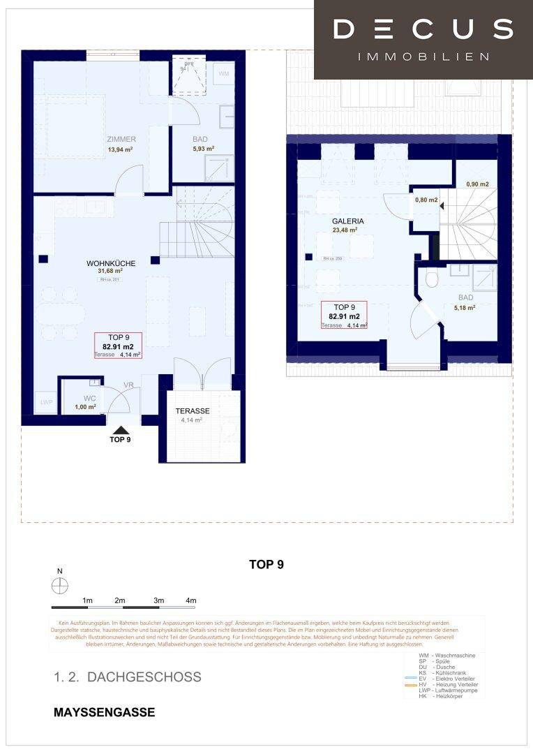 Grundriss einer Maisonette-Wohnung im Dachgeschoss mit offener Wohnküche, zwei Bädern und Terrasse.