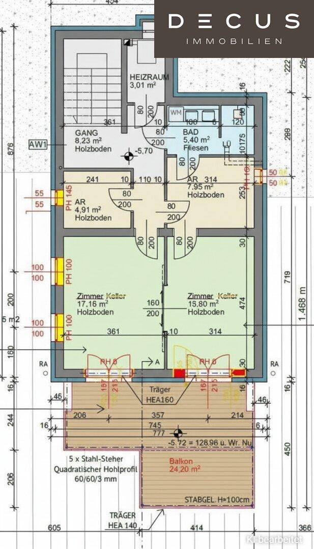 Grundriss des Untergeschosses mit zusätzlichen Zimmern, Bad, WC und Balkon.