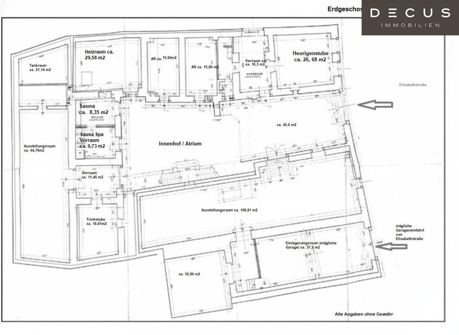 Grundriss des Erdgeschosses mit Sauna, Heizraum, Heurigenstube und großem Ausstellungsbereich.
