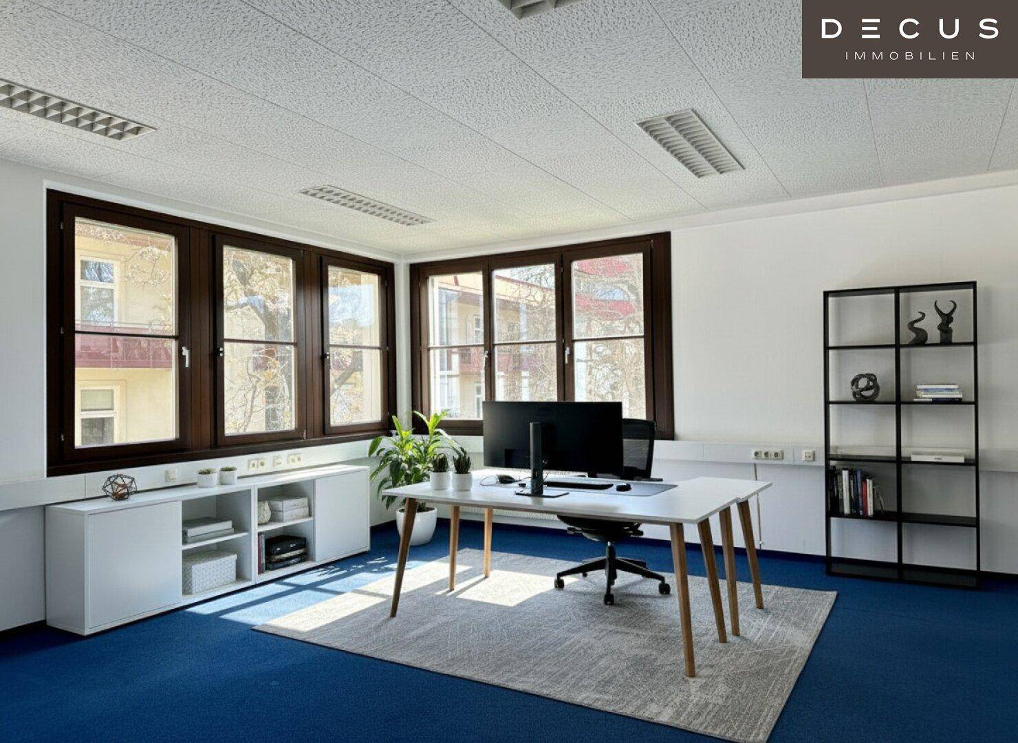 Modern eingerichtetes Büro mit blauem Teppichboden, Schreibtisch und großen Fenstern.