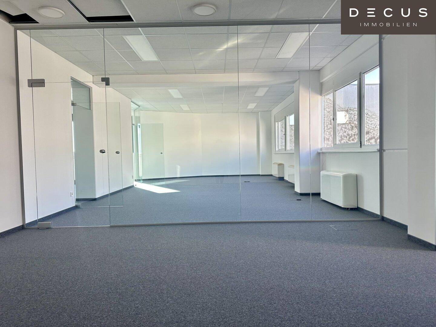 Geräumiges, leeres Büro mit Teppichboden und großen Fenstern, ideal für flexible Gestaltung.
