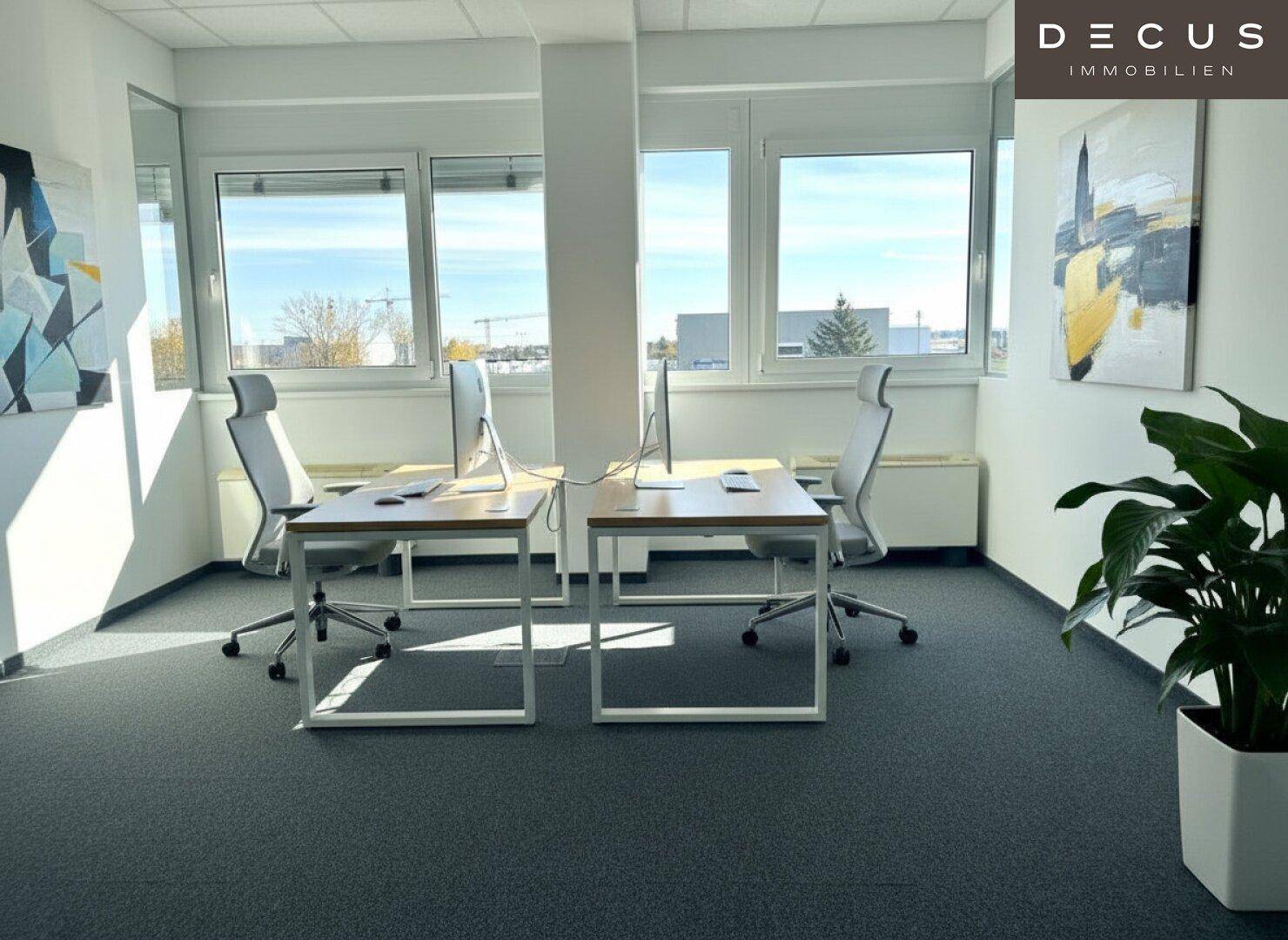 Modern eingerichtetes Büro mit zwei Arbeitsplätzen, großen Fenstern und viel Tageslicht.