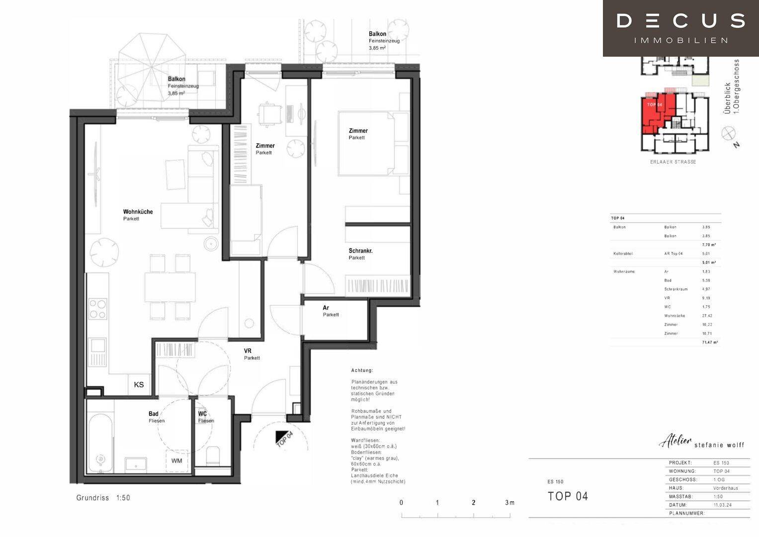 Grundriss der Wohnung TOP 04 mit Wohnküche, Schlafzimmern und Balkon.