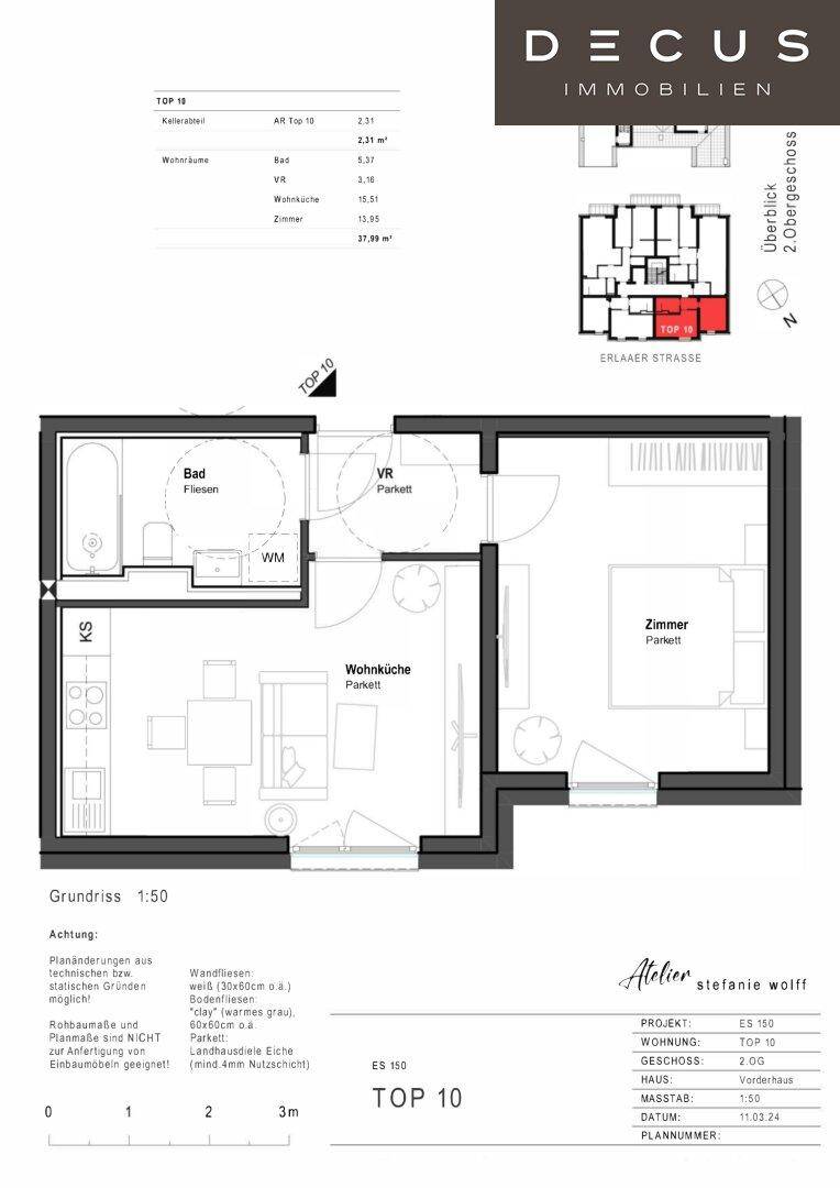 Detaillierter Grundriss einer Wohnung mit Bad, Wohnküche und Zimmer, inklusive Maßangaben.