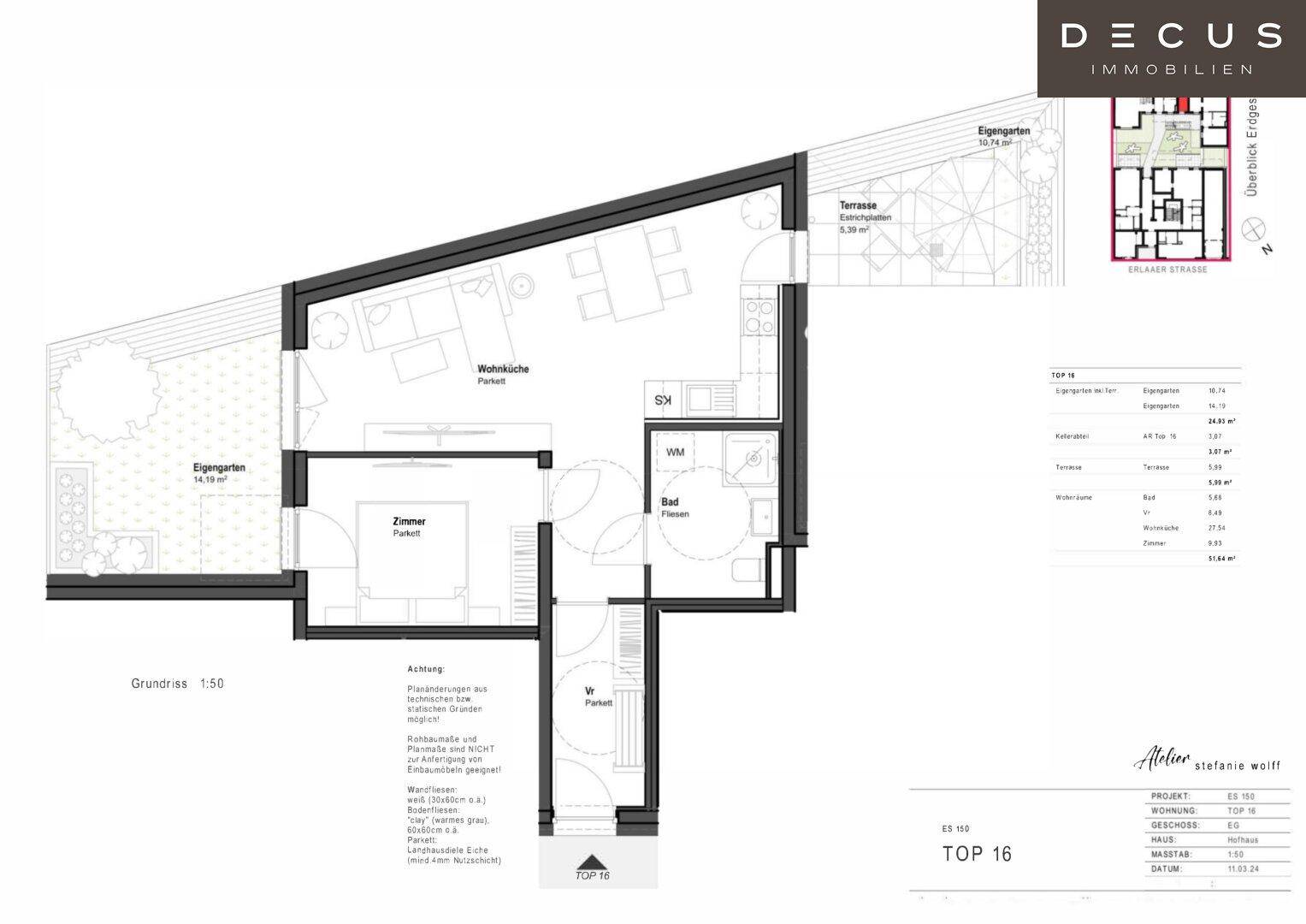 Grundriss einer Wohnung mit Wohnküche, Zimmer und Terrasse.