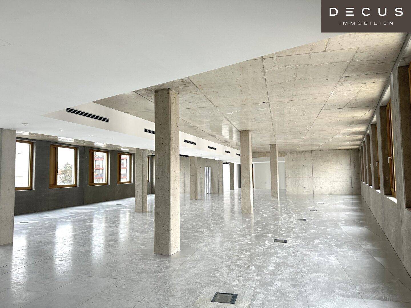 Weitläufiger, leerer Bürobereich mit vielen Fenstern, Betonstützen und Fliesenboden, bietet viel Tageslicht.