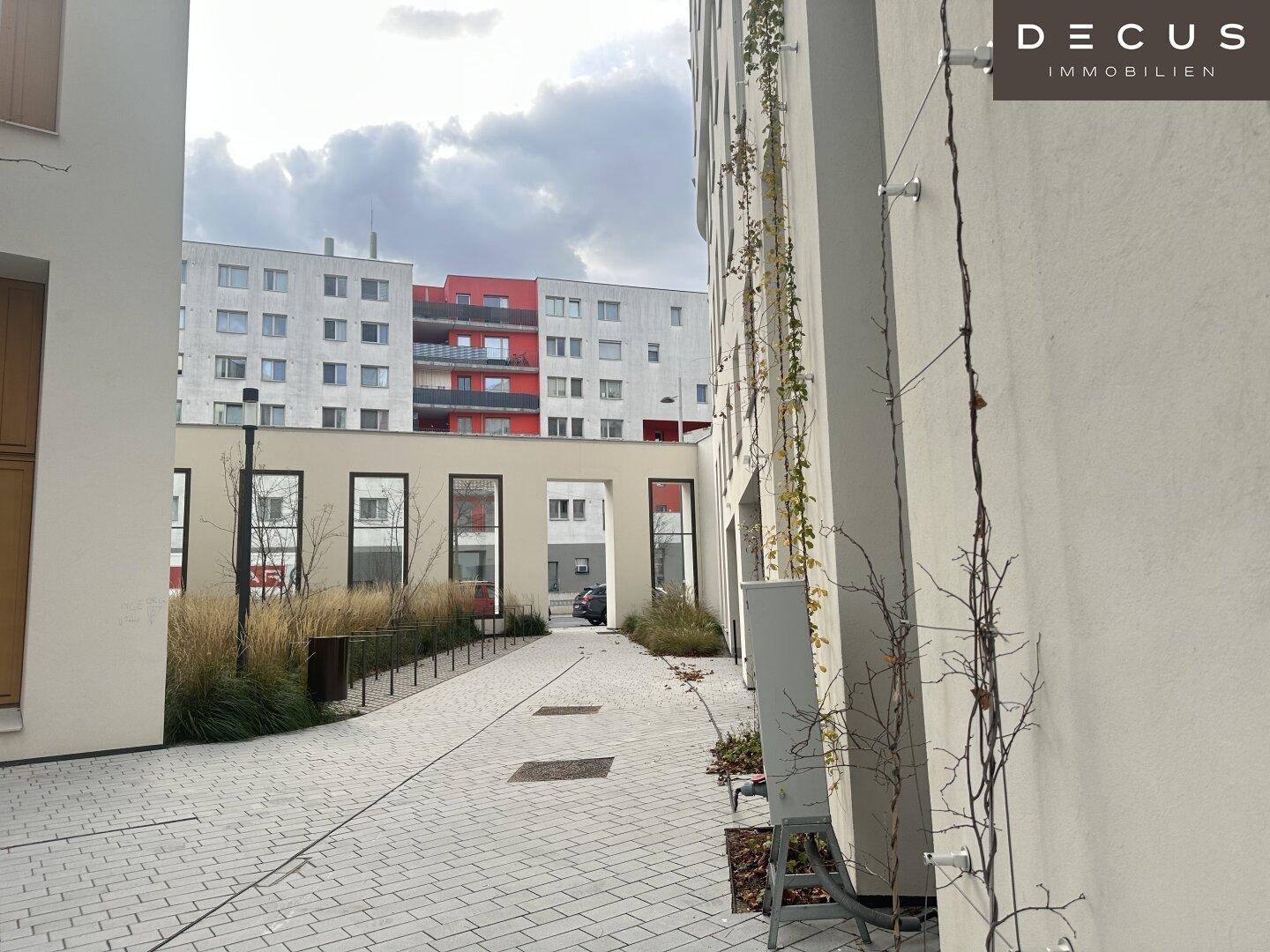 Außenbereich mit gepflastertem Weg, begrünten Beeten und Blick auf moderne Wohngebäude.