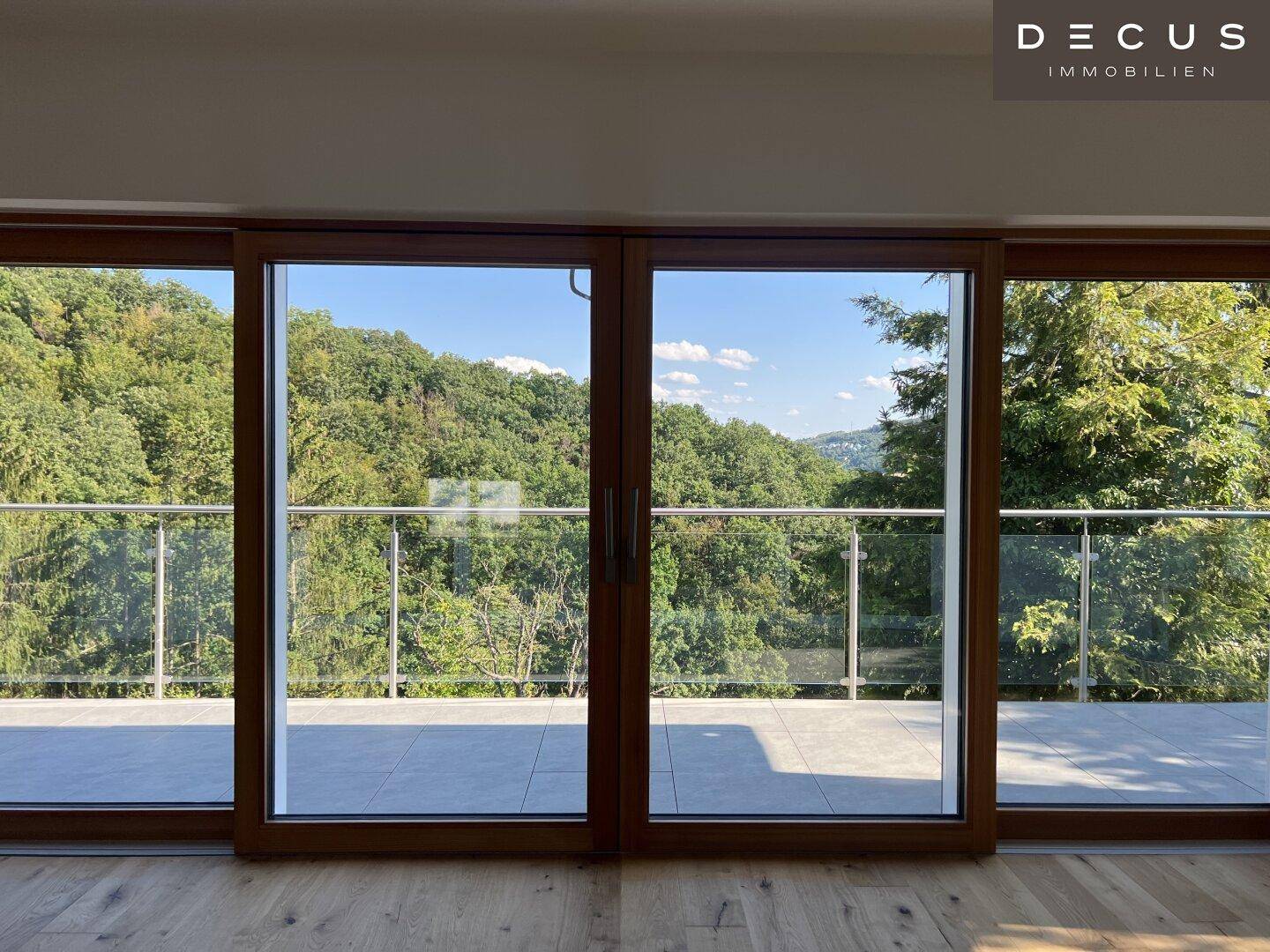 Helles Zimmer mit großen Schiebetüren und weitem Blick ins Grüne von einem Balkon.