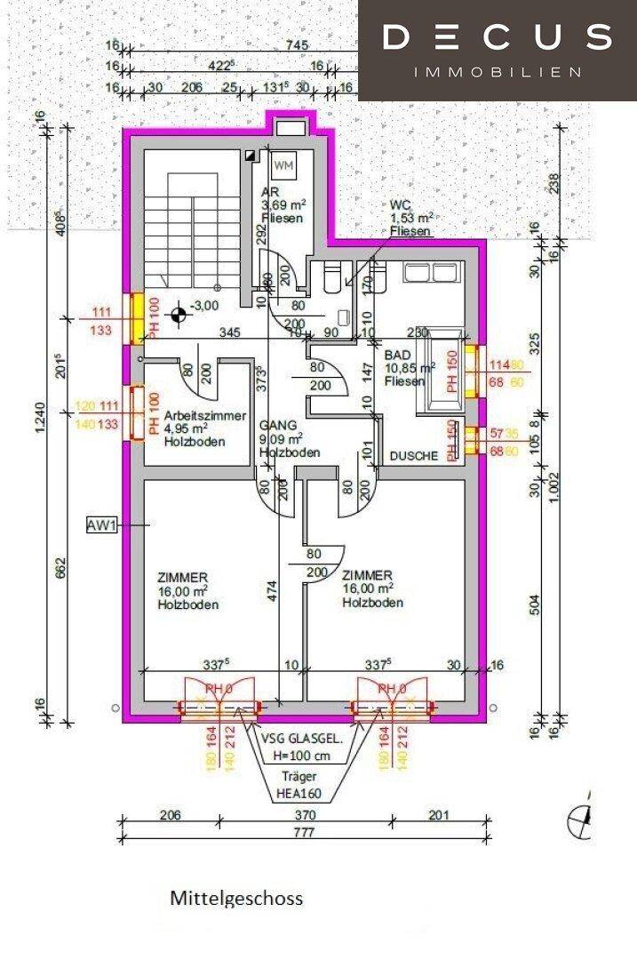 Grundriss des Mittelgeschosses mit zwei Zimmern, Bad und Arbeitszimmer.