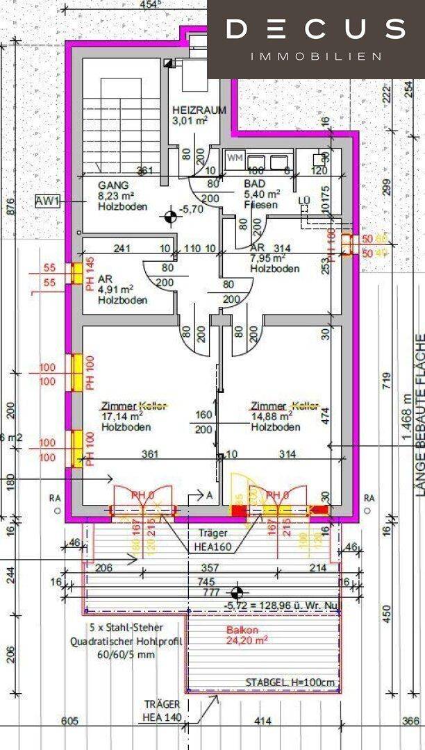 Grundriss des Obergeschosses mit zwei Zimmern, Bad und großem Balkon.