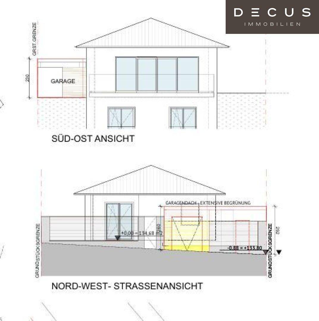 Süd-Ost und Nord-West Straßenansicht des Hauses mit Garage und begrüntem Dach.