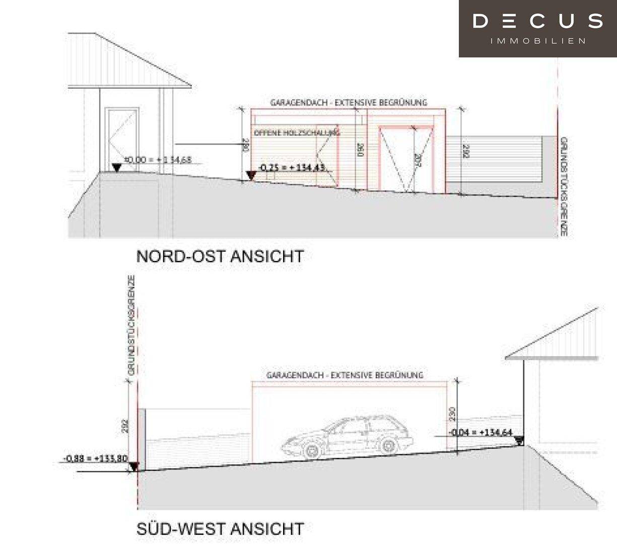 Nord-Ost und Süd-West Ansicht des Gebäudes mit Garage und begrüntem Dach.