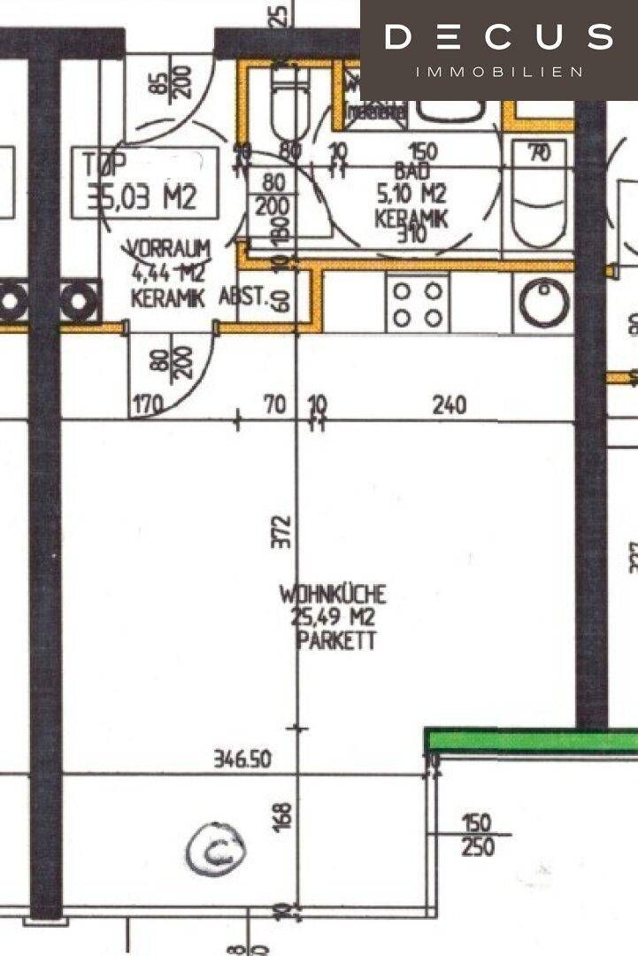 Grundrissplan einer Wohnung mit offener Wohnküche und separatem Bad.