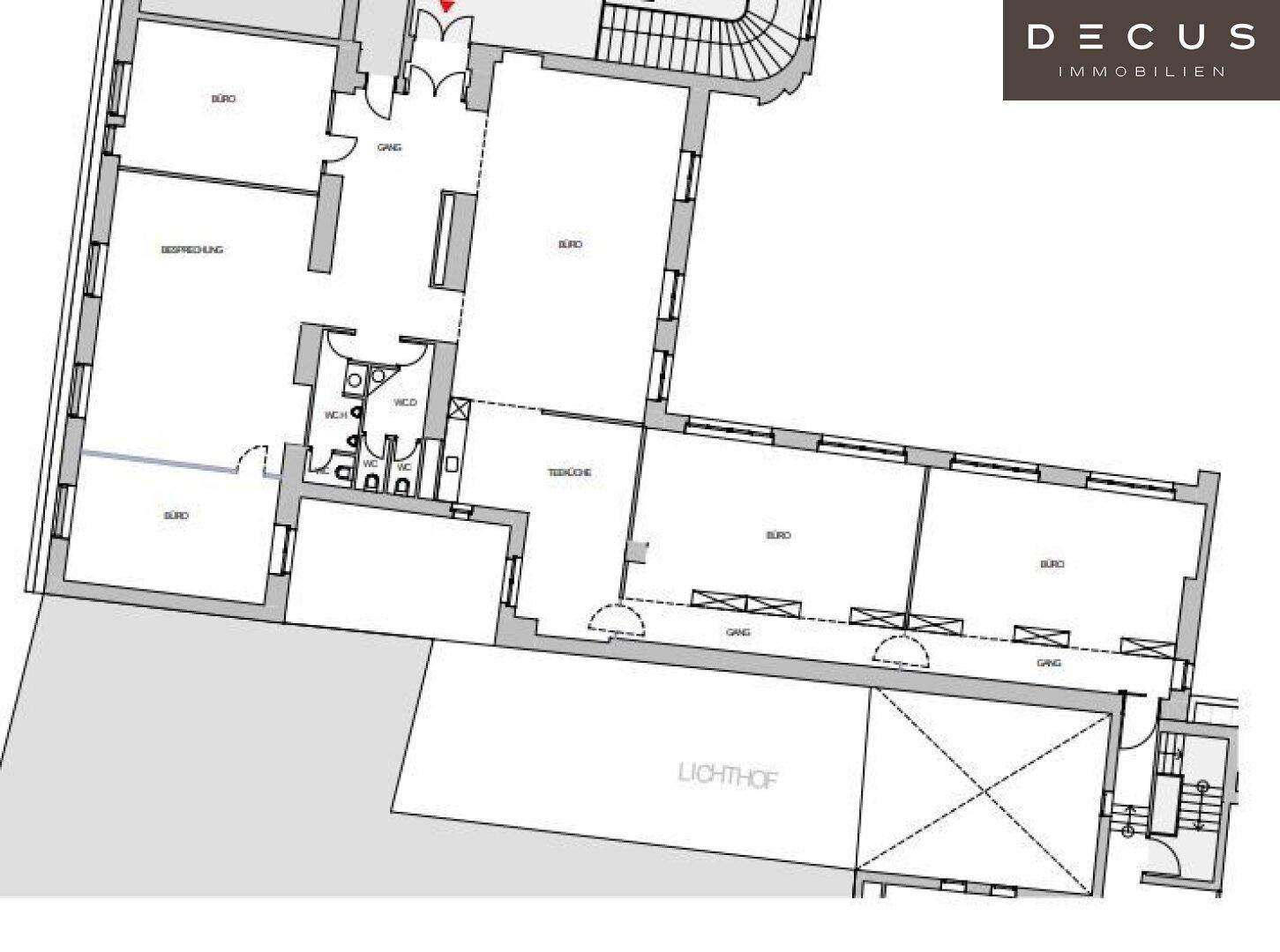 Grundrissplan mit mehreren Büroräumen, einem Besprechungszimmer, WCs, einer Terrasse und einem Lichthof.