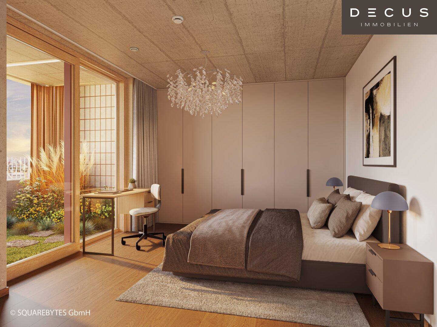Modernes Schlafzimmer mit großem Bett, Einbauschränken und Zugang zu einem begrünten Außenbereich.