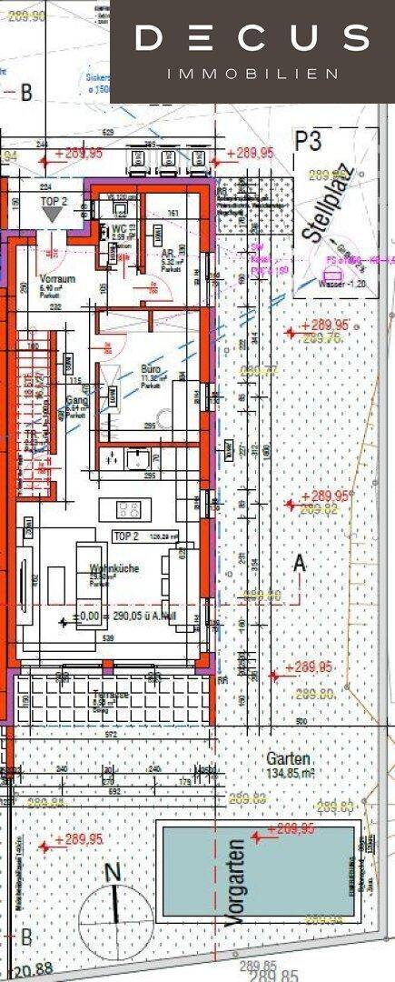 Detaillierter Grundriss des Erdgeschosses mit offener Küche, Wohnbereich und Garten.