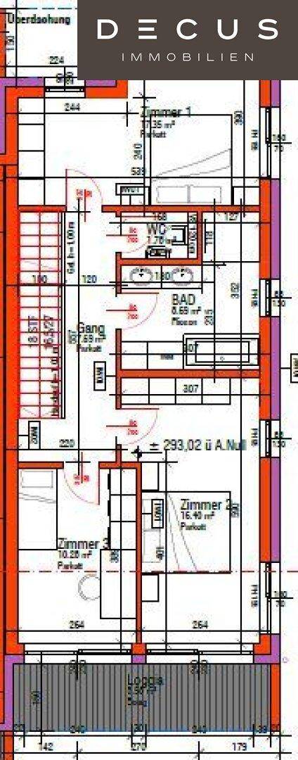 Grundriss des Obergeschosses mit drei Schlafzimmern, Bad und separatem WC.