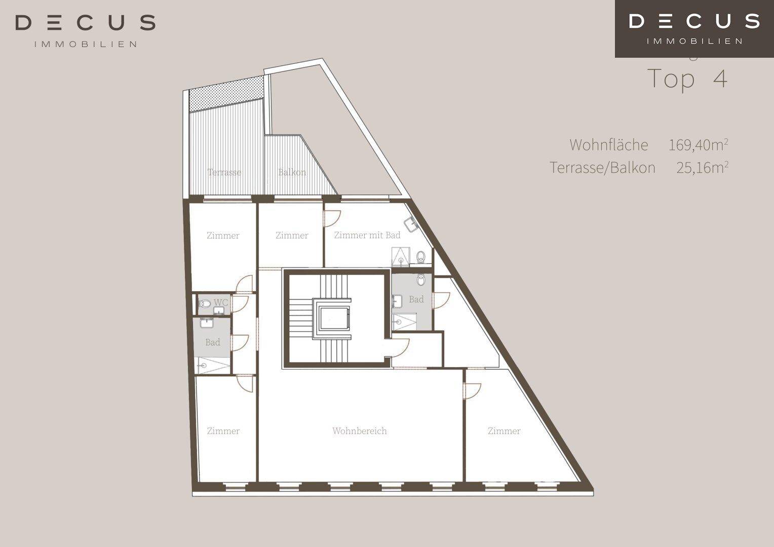 Grundriss der Wohneinheit Top 4 mit 169,40m² Wohnfläche und Terrasse/Balkon.