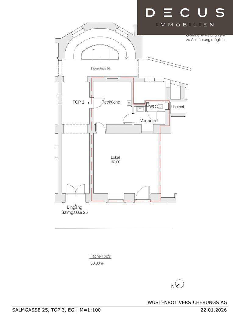 Grundriss des Erdgeschosses mit Teeküche, WC und einem großen Lokalbereich von 32m².