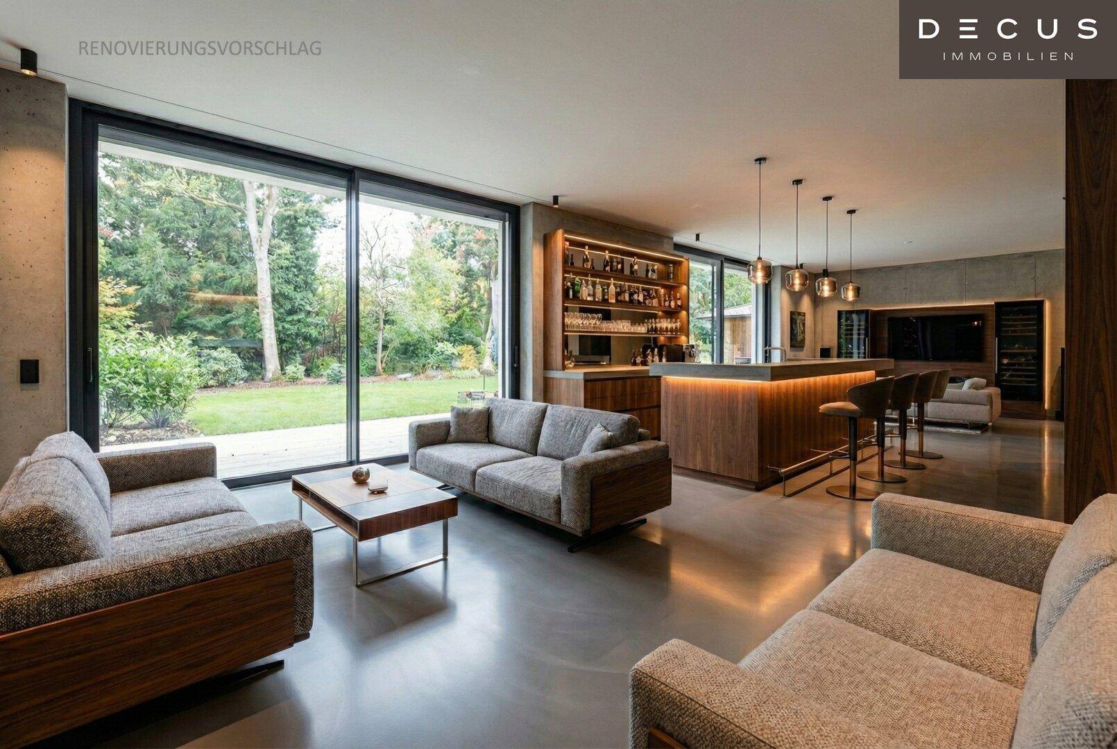 Moderner Unterhaltungsraum im Keller mit Bar, großen Fenstern und Gartenblick.