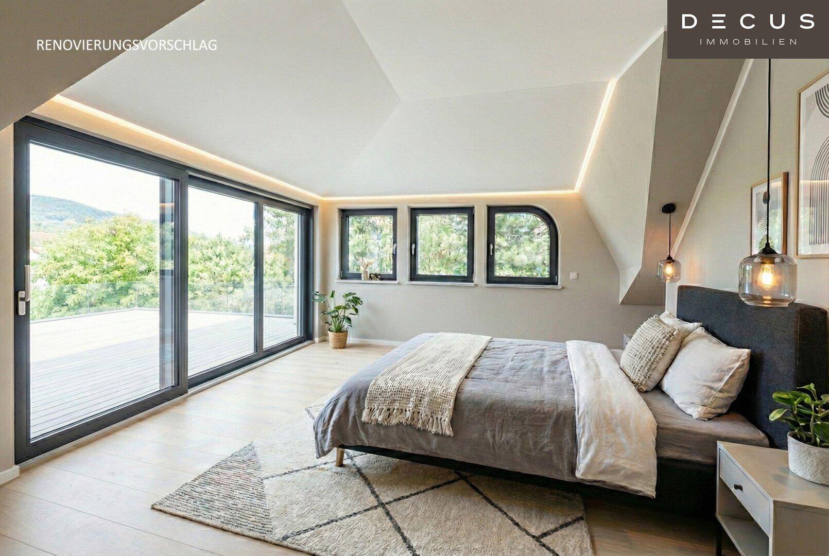 Modernes Schlafzimmer mit Holzboden, großen Schiebetüren und Zugang zur Terrasse.