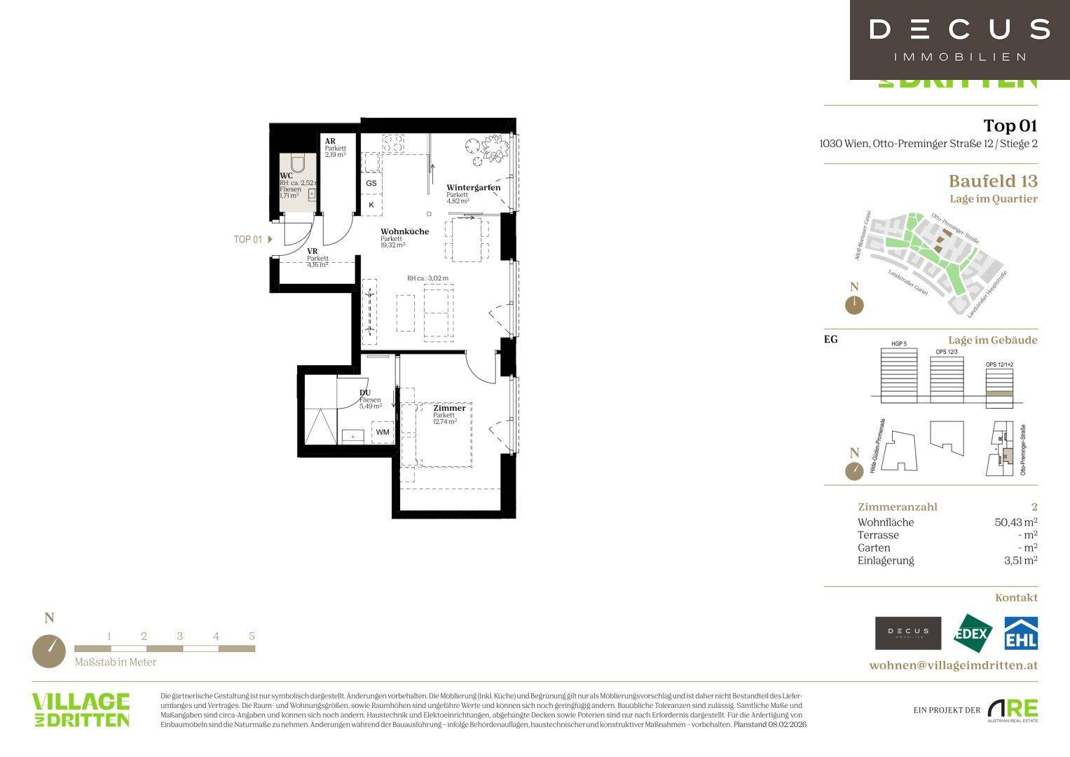 Grundriss der Wohnung Top 01 mit Wohnküche, Zimmer und Wintergarten.