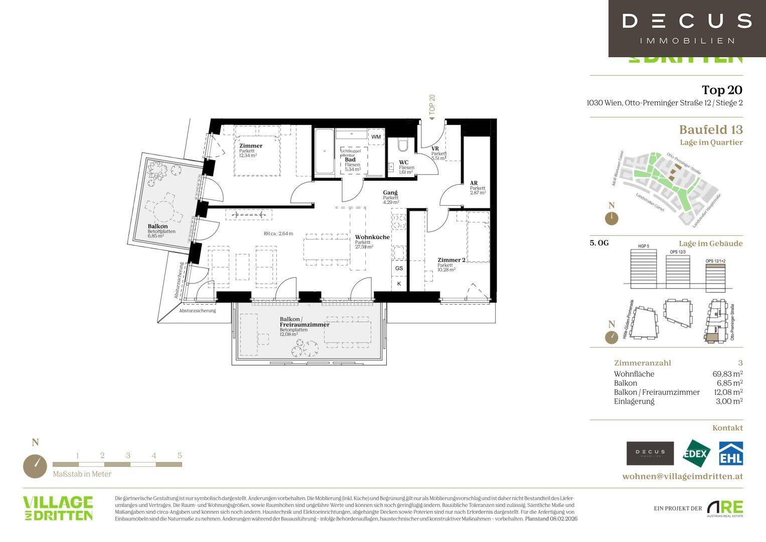 Grundriss einer Wohnung mit zwei Balkonen, zwei Zimmern und offenem Wohnbereich.