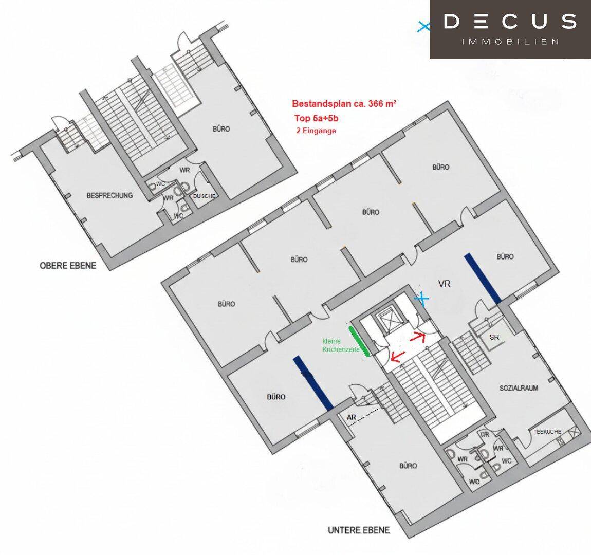 Grundrissplan über zwei Ebenen mit mehreren Büros, Besprechungsraum und Teeküche, ca. 366 m².