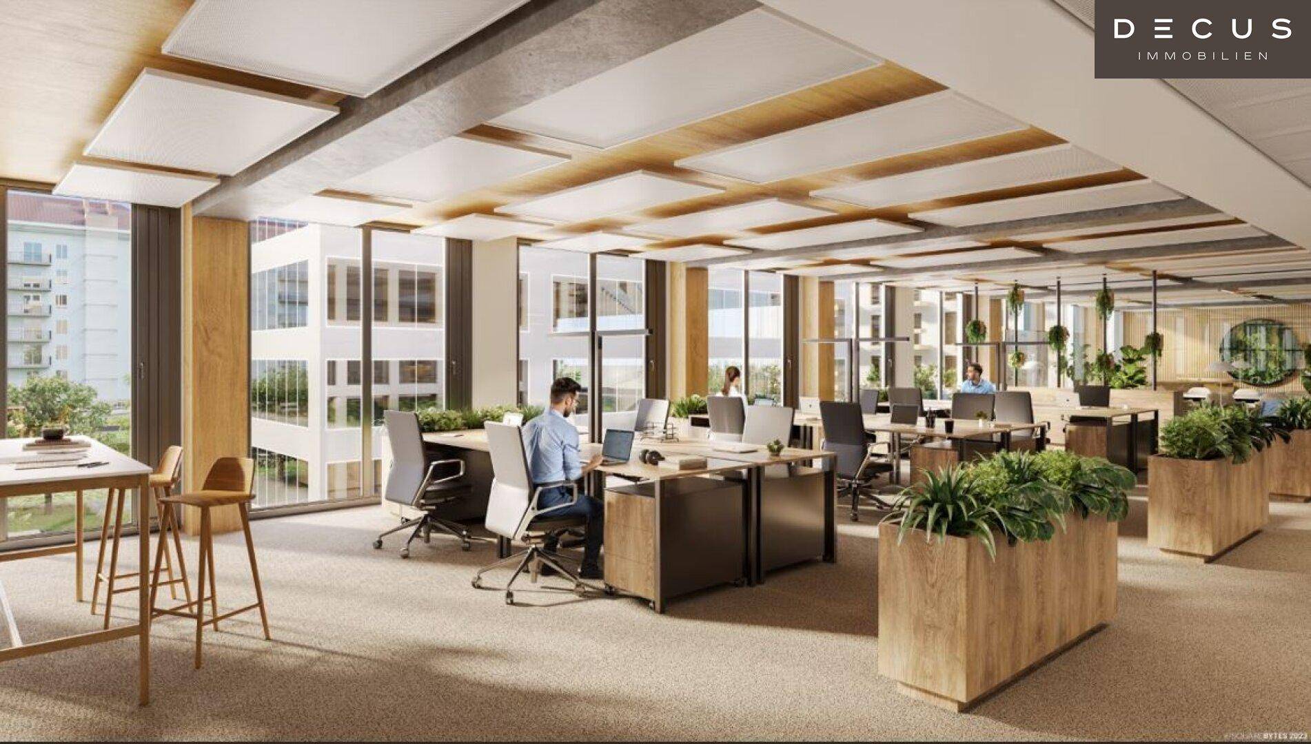 Großes, offenes Büro mit vielen Arbeitsplätzen, Holzakzenten und Pflanzen für eine produktive Umgebung.