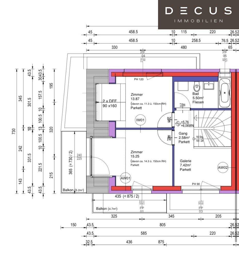 Grundriss einer weiteren Wohneinheit mit zwei Schlafzimmern, Bad und Balkon.