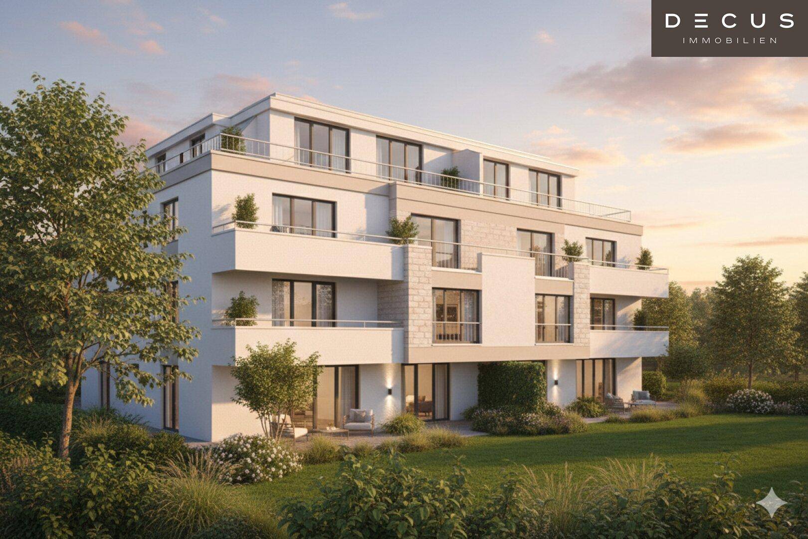 Seitliche Ansicht der modernen Wohnanlage mit Balkonen und Terrassen im Abendlicht.