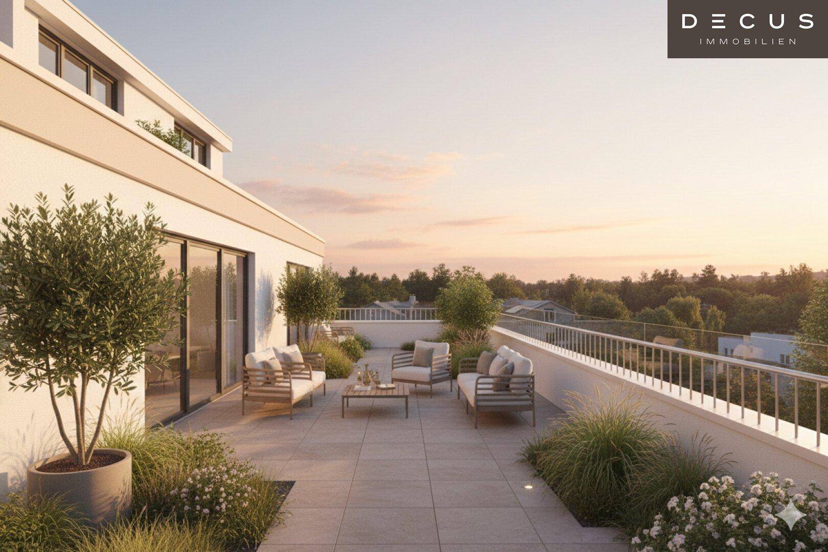 Geräumige Dachterrasse mit modernen Gartenmöbeln und weitem Blick ins Grüne.