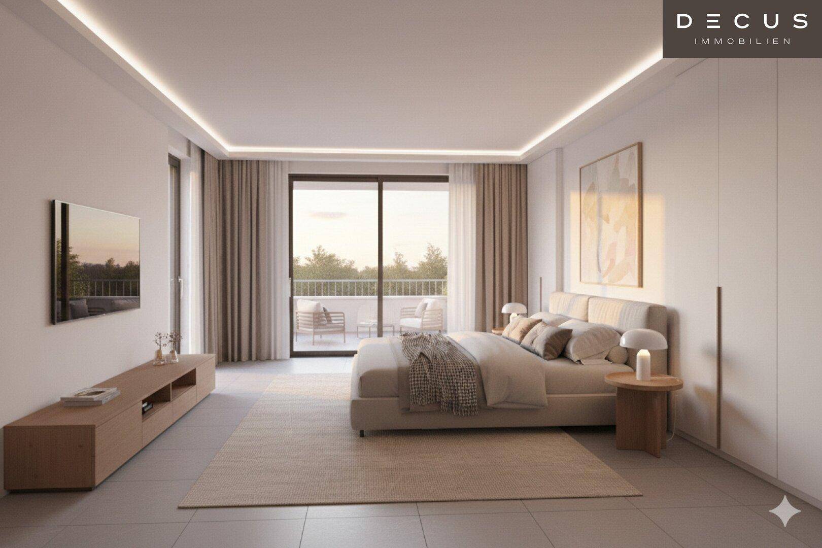 Geräumiges Schlafzimmer mit modernem Design, indirekter Beleuchtung und direktem Zugang zum Balkon.