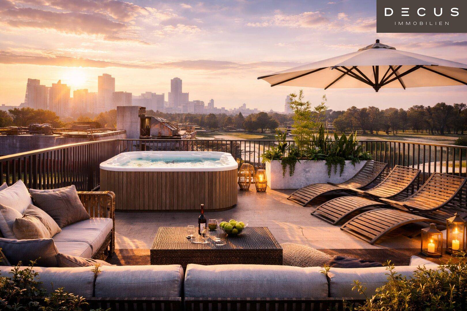 Luxuriöse Dachterrasse mit Whirlpool, Lounge-Möbeln und beeindruckendem Stadtblick bei Sonnenuntergang.