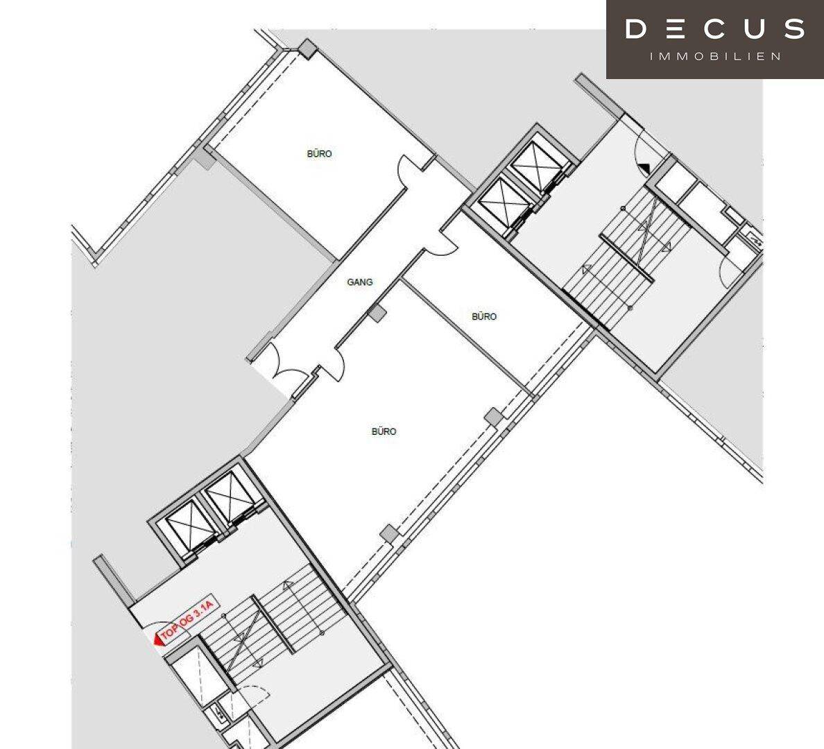 Grundriss einer weiteren Etage mit mehreren Büroräumen und Treppenhauszugang.