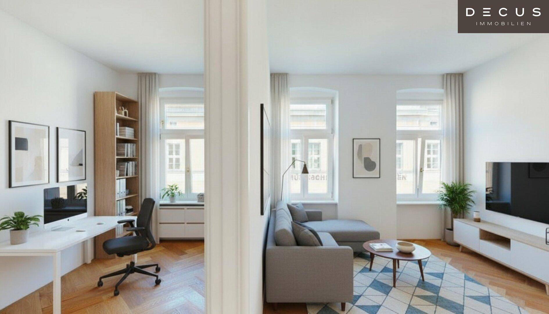 Moderner Wohnbereich mit Sofa und integriertem Arbeitsplatz, hell und funktional gestaltet.