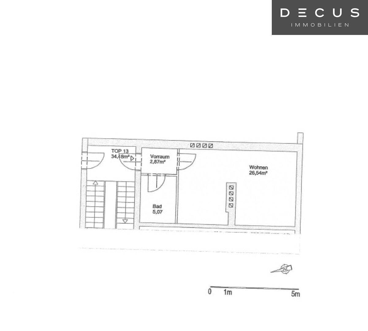 Grundriss des Dachgeschosses mit Wohnbereich, Bad und Vorraum, Gesamtfläche 34,18m².